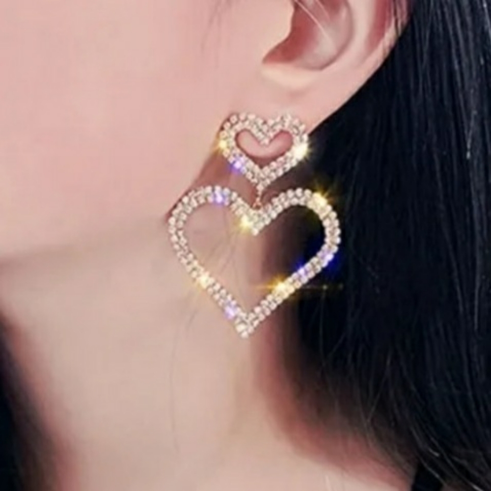 Gold Tone Double Heart Drop Rhinestone Earrings Pave Setting - Picture 5 of 8